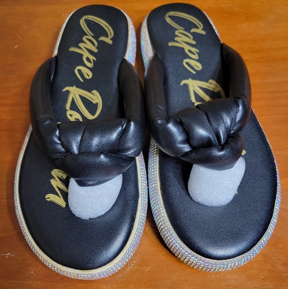 Cape Robbin Shoes - Cape Robbin Black Braided Toe-Post Sandals with Iridescent Trim